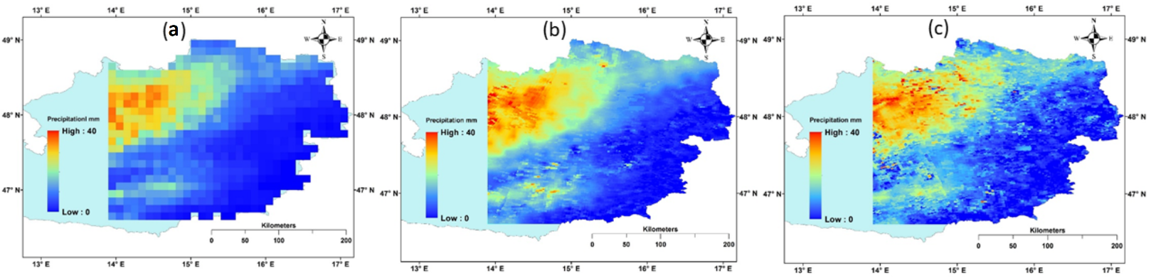 Figure 2. (a) original IMERG, (b) MLR-downscaled, and (c) ANN-downscaled precipitation for 3rd September 2015 event over northeast Austria.