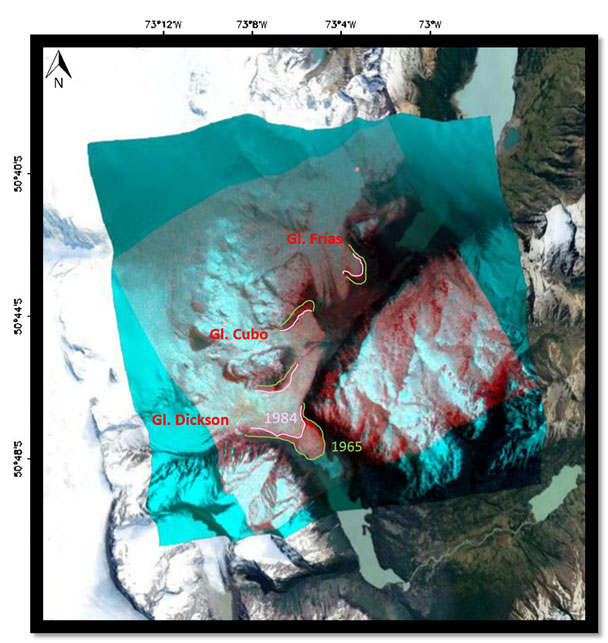 Figure 5: The areal changes were evaluated mainly for the ablation areas, changes in the accumulation area of the glaciers are much more complicated to determine, due to the presence of snow (Rivera, 2004). According to the above described method to estimate glacier retreat by means of Landsat and Sentinel satellite imagery, the Escondidos Glaciers have retreated almost 15 km2 in the last 35 years, which is equivalent to losing approximately a quarter of their ice surface most exposed to melting (Fig. 6). RGB composition showing glaciers retreat between 1965 and 1984. (Image credit: Ailin Ortone, Guido Pilato) 