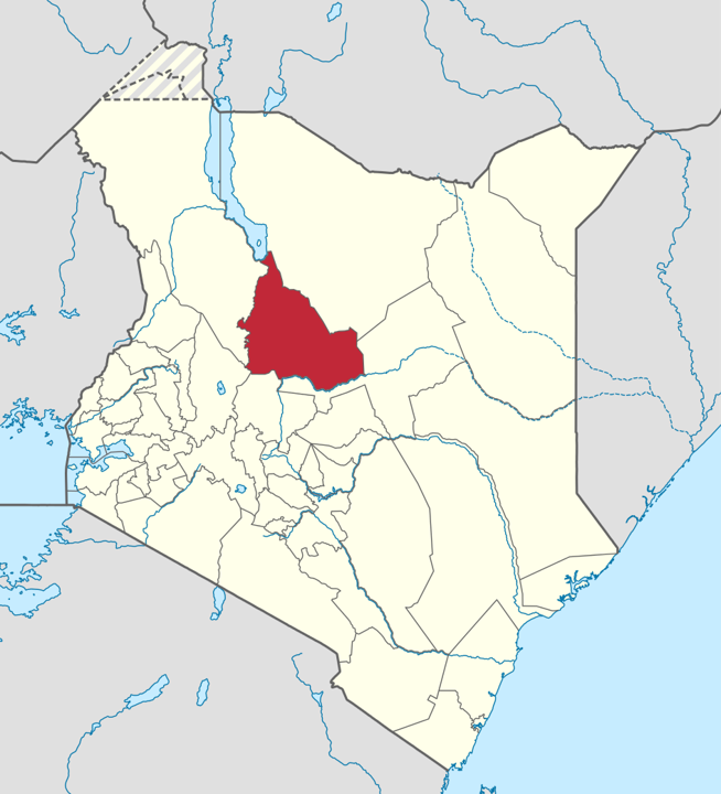 Map of Kenya highlighting the location of the Samburu tribe in red in the central (north-western) region of the country