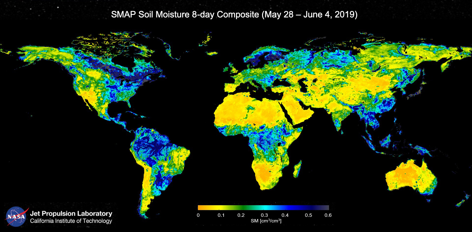 SMAP observations on global moisture. Source: NASA/NSIDC (2019)