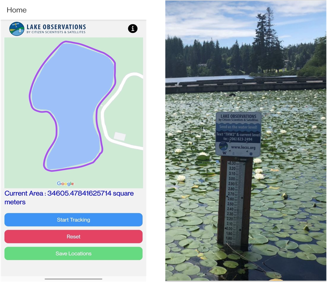 Figure 1: Screenshot of the LOCSS Area app showing the lake area tracked by a citizen scientist (left), and citizens can also observe the lake’s water levels for 30 seconds or more, read the gauge and submit the lake ID plus the highest level observed by text (right).