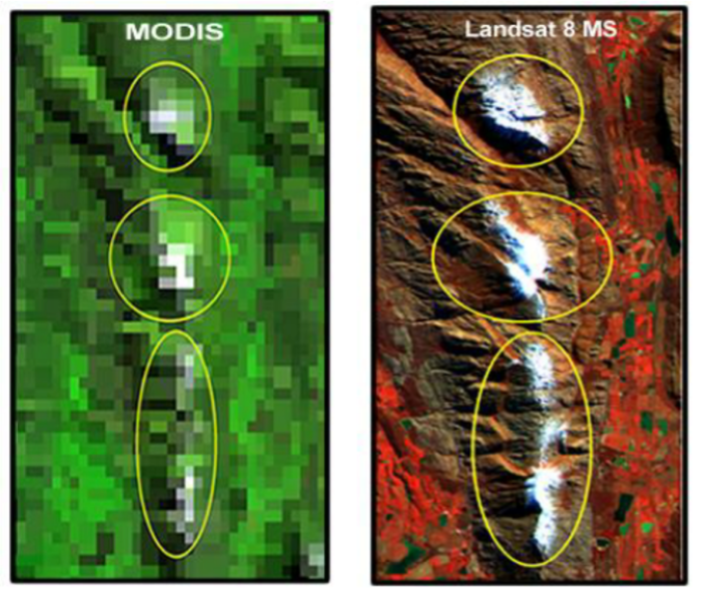 Figure 5: A comparison of imagery from the MODIS and Landsat satellites. Although MODIS has a coarser resolution, in this case, the circled features were still visible in both sets of imagery (Sibandze et al., 2014). 