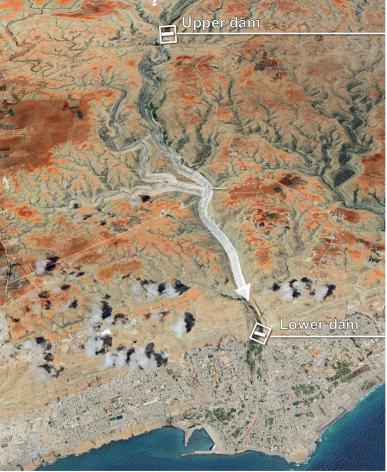 Figure 2: It is believed that the upper Abu Mansour Dam collapsed first, sending an onslaught of water towards the lower Derna Dam. This second dam was unable to withhold its own rising reservoir as well as the additional water, causing it to burst and release 30 million cubic metres of water into the city of Derna (Cuccia, 2023; Wu & Aggarwal, 2023)