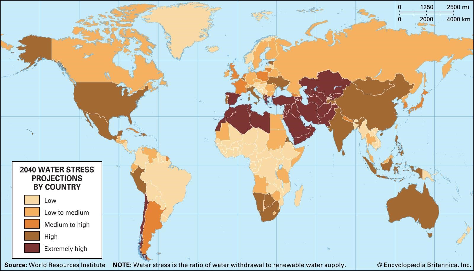 Projected global water stress levels in 2040. Image courtesy of Encyclopædia Britannica.