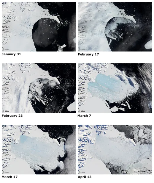 Figure 6. Progressive collapse of the Larsen B Ice Shelf on the Antarctic Peninsula
