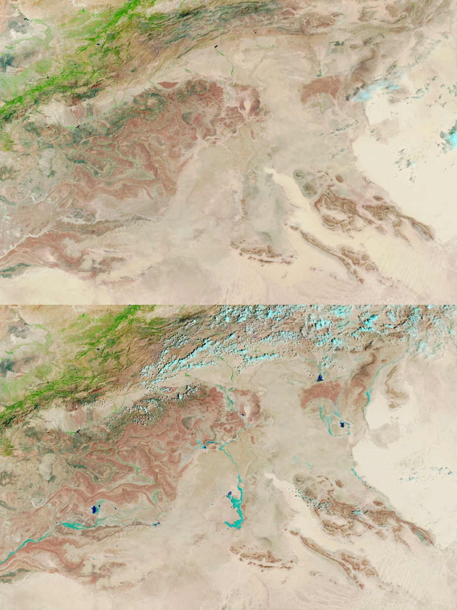 MODIS false colour image showing Sahara showing flooding before and after rainfall