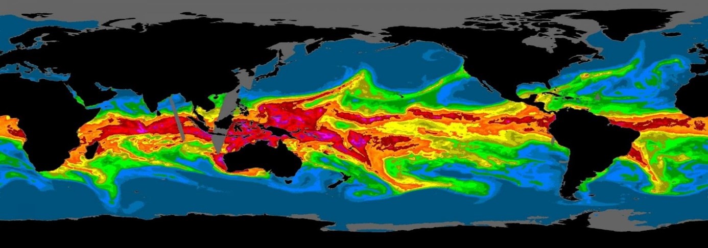 Figure 1 : Image micro-ondes des produits à vapeur d'eau intégrés. Source : Center for Climate Change Impacts and Adaptation, Université de Californie à San Diego. A ce lien l'animation en temps réel des flux globaux d'eau précipitable totale. Animation provenant du portail CIMSS. 