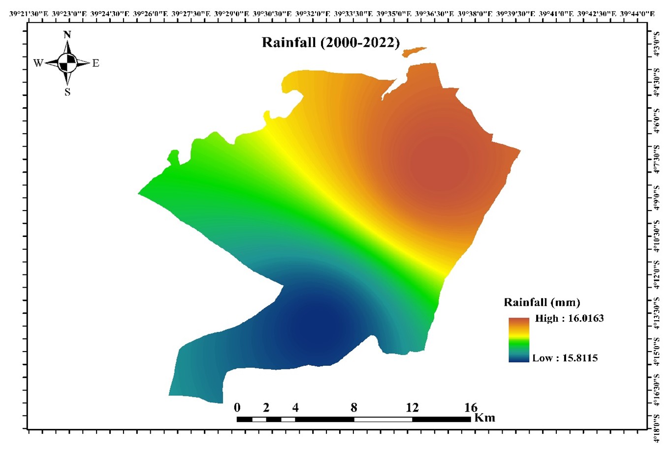 Rainfall distribution map for Matuga in Kenya
