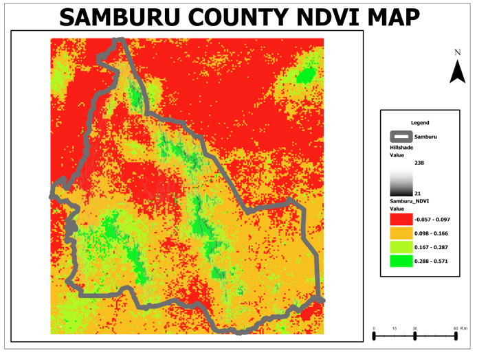 Map showing the Samburu county Normalised difference vegetation index