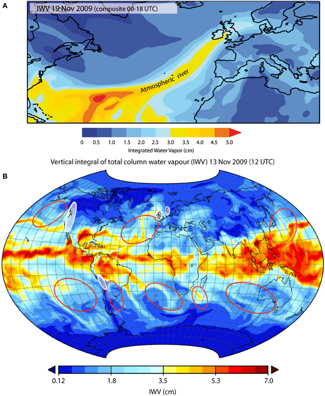 Map of Integrated Water Vapor impacting western Europe and global distribution of water vapor