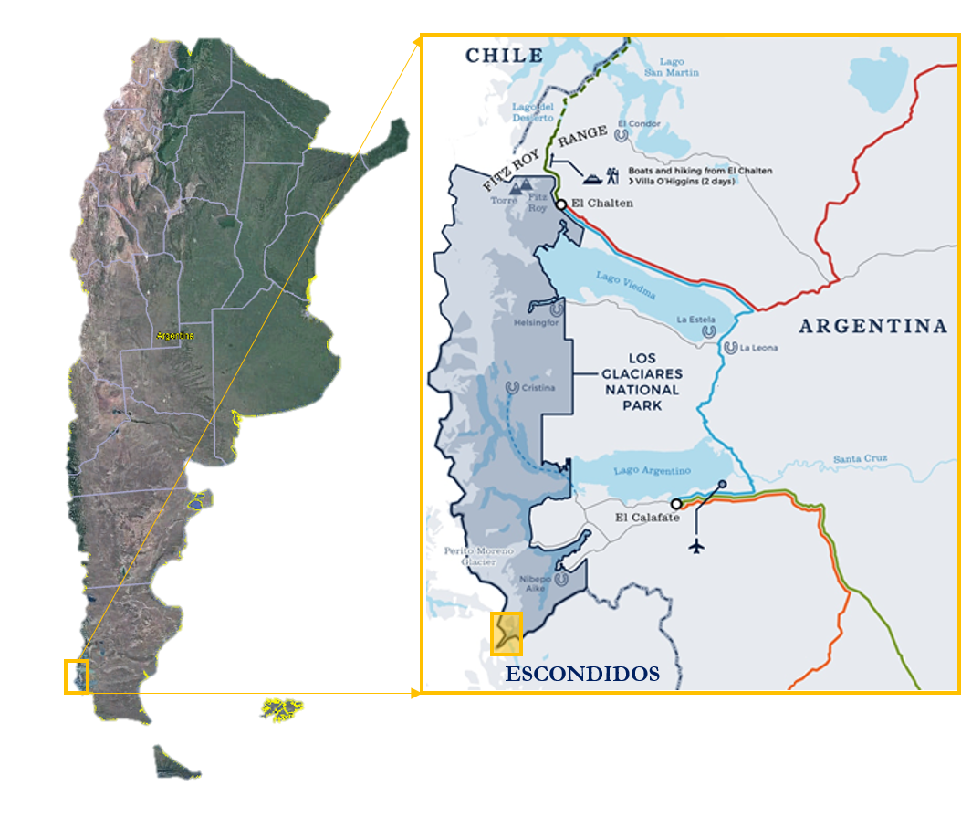 Location of Los Glaciares National Park and Escondidos glaciers.