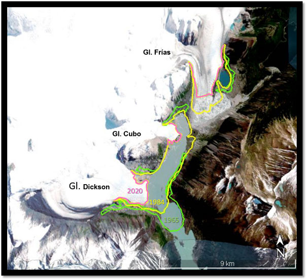 Frontal variations of Glaciares Escondidos between 1965 and 2020. (Image credit: Ailin Ortone)