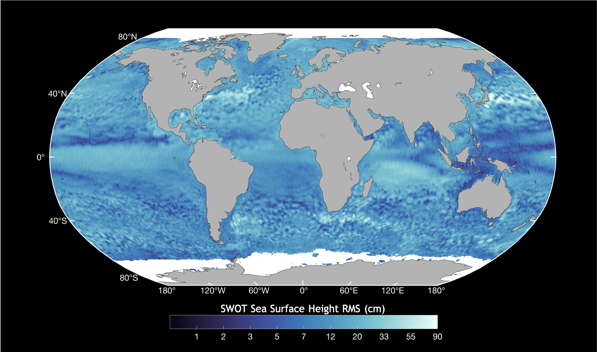 KaRIn observation of the ocean where colors indicate variability (root mean square (RMS)) of sea surface height over a period of 2.5 months