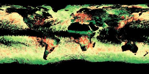 A map showing the monthly average aerosol particle radius from Terra/MODIS