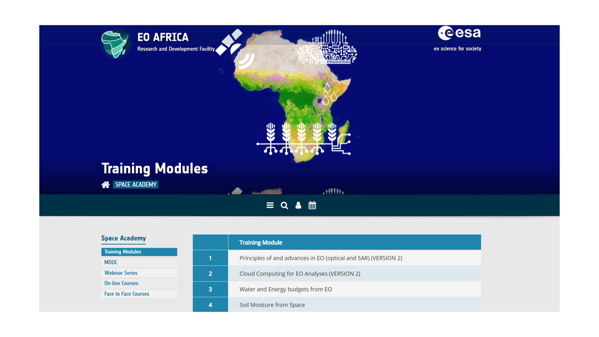 Training modules landing page from the Space Academy of EO Africa Research and Development Facility