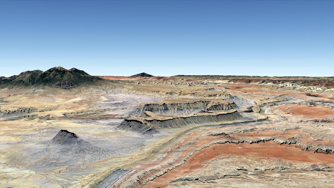 Oblique natural-colour panorama of sedimentary strata in the semi-arid UInta Basin of Utah, USA (created by Steve Drury using Google Earth Pro)