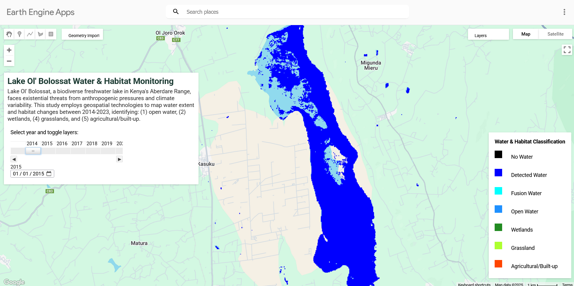 Screenshot of Google Earth Engine App develpoed for Lake Ol' Bolossat's Water and Habitat Monitoring